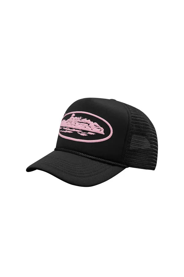 Corteiz Alcatraz Premium Puff Print Trucker Hat Black & Pink Corteiz Alcatraz Premium Puff Print Trucker Hat Black & Pink